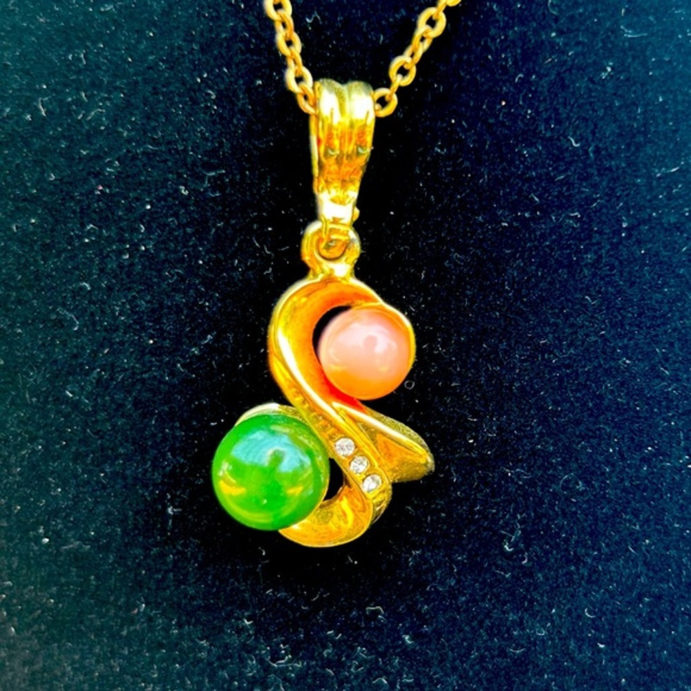 Vintage Jade & Coral Pendant with Chain